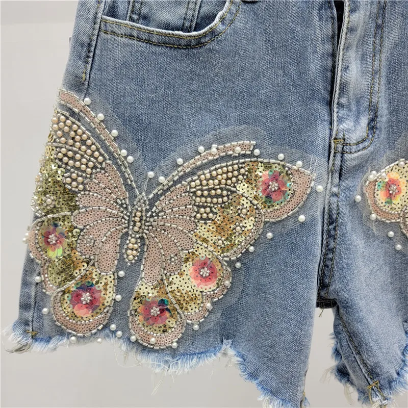 High Waist Stretchy Burr Denim Hot Pants Female 2024 Summer New Heavy Industry Beads Embroidered Blue Shorts Women Clothing