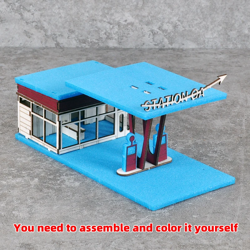 조립식 건축 모형 모래 테이블 주유소 휘발유 서비스 스테이션 현대식 자동차 스케일 모형 키트 1/64