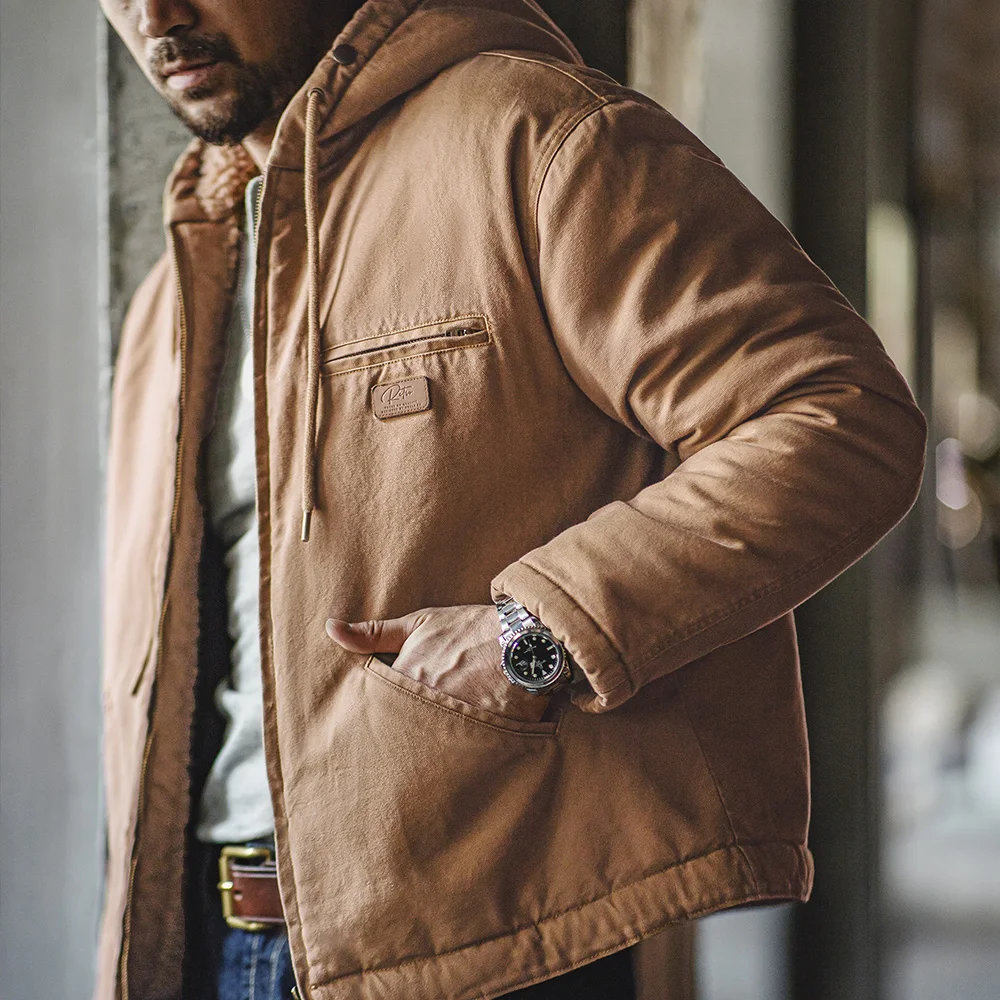 Maden Retro J141 Active Hooded Jacket Solid Color Sherpa Fleece Cotton-padded Coat with Velvet Warm  Canvas Outerwear for Men 3