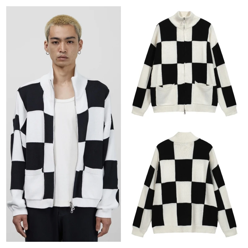 

Cole Buxton Sweater Cardigan Two-way Zip Stand-up Collar Jacket High Quality Knit Jacquard Black and White Plaid Men's Women's