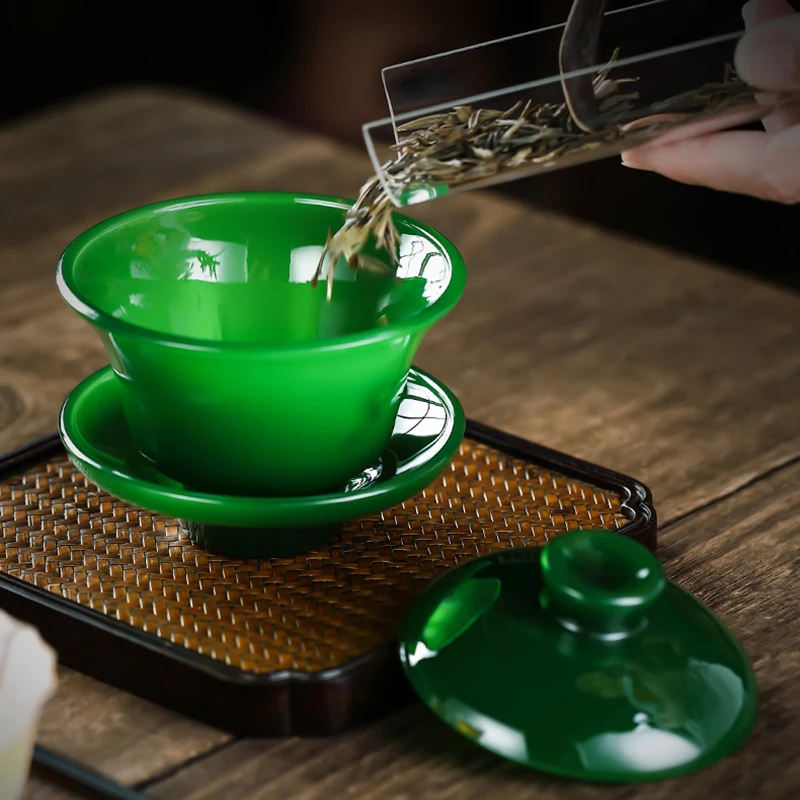 Imperial smaragd zelený gaiwan čaj pohár jadeit porcelán sancai pokryté miska Čínské káča jadeit chawan po jednom domácnost pohár dar pohár