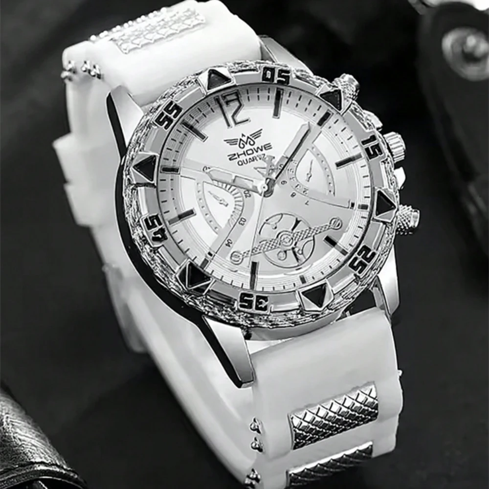 2pcs Large Dial Silicone Quartz Mens Watch with Bracelet Set