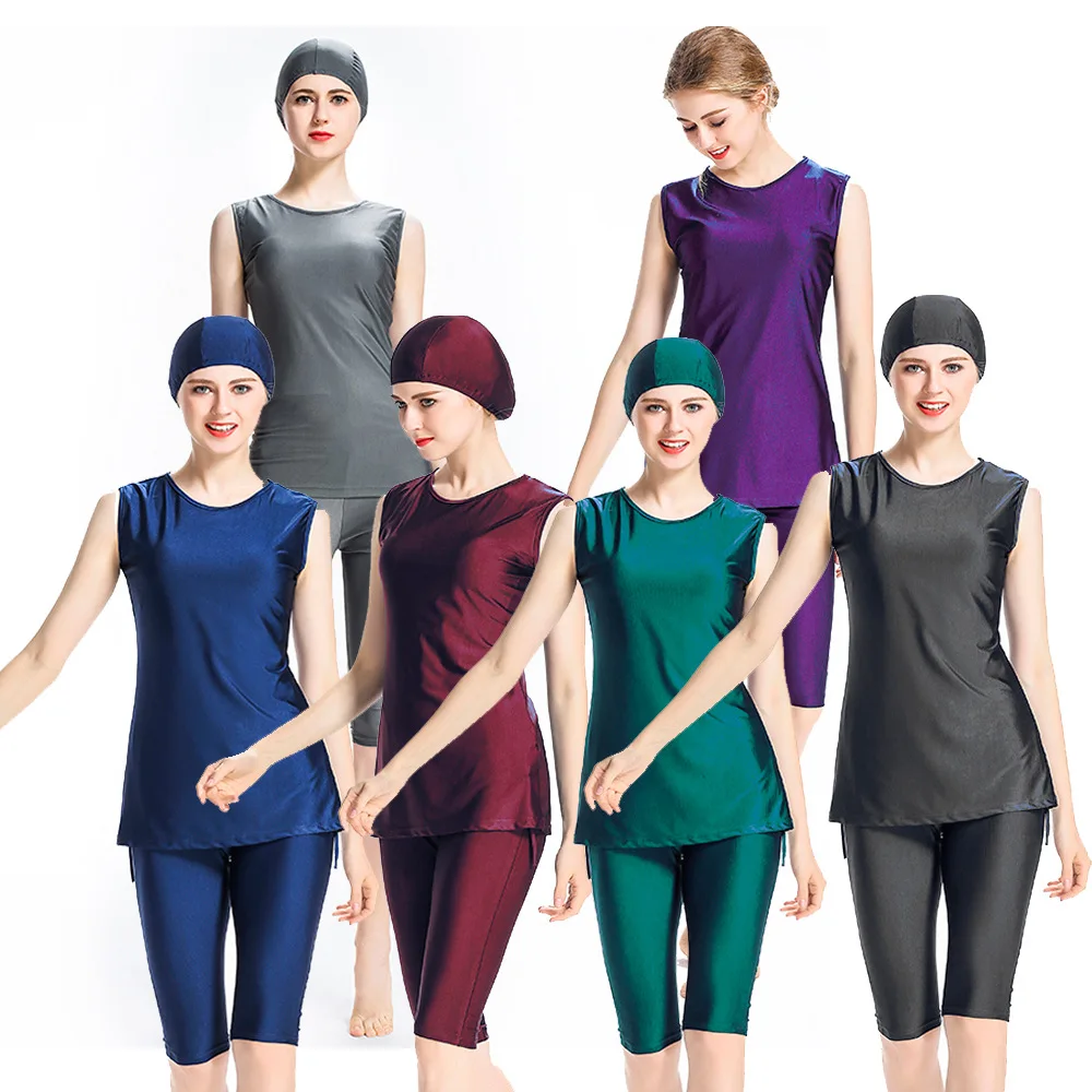

Женский Мусульманский купальник Burkini, скромный купальник с длинным рукавом, закрытый хиджаб с цветочным принтом, топ, шапка, штаны для плавания, купальный костюм