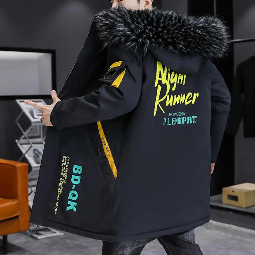 Mid-length Cotton-padded Outwear Men's Hooded Color Patchwork Jacket with Fleece Lining Warm Stylish Coat for Autumn Winter Men