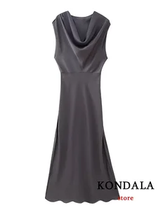 KONDALA Vintage Casual Chic Women Dress Grey Solid V-Neck Short Sleeve Zipper Slim Vestidos Fashion 2024 Holiday Sheath Dress