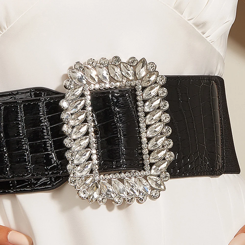 

Shirt Dress Decorative Waistbands PU Leather Waist Belt Rhinestone Inlay Buckle Wide Elastic Corset Belt Decorate Coat Accessori