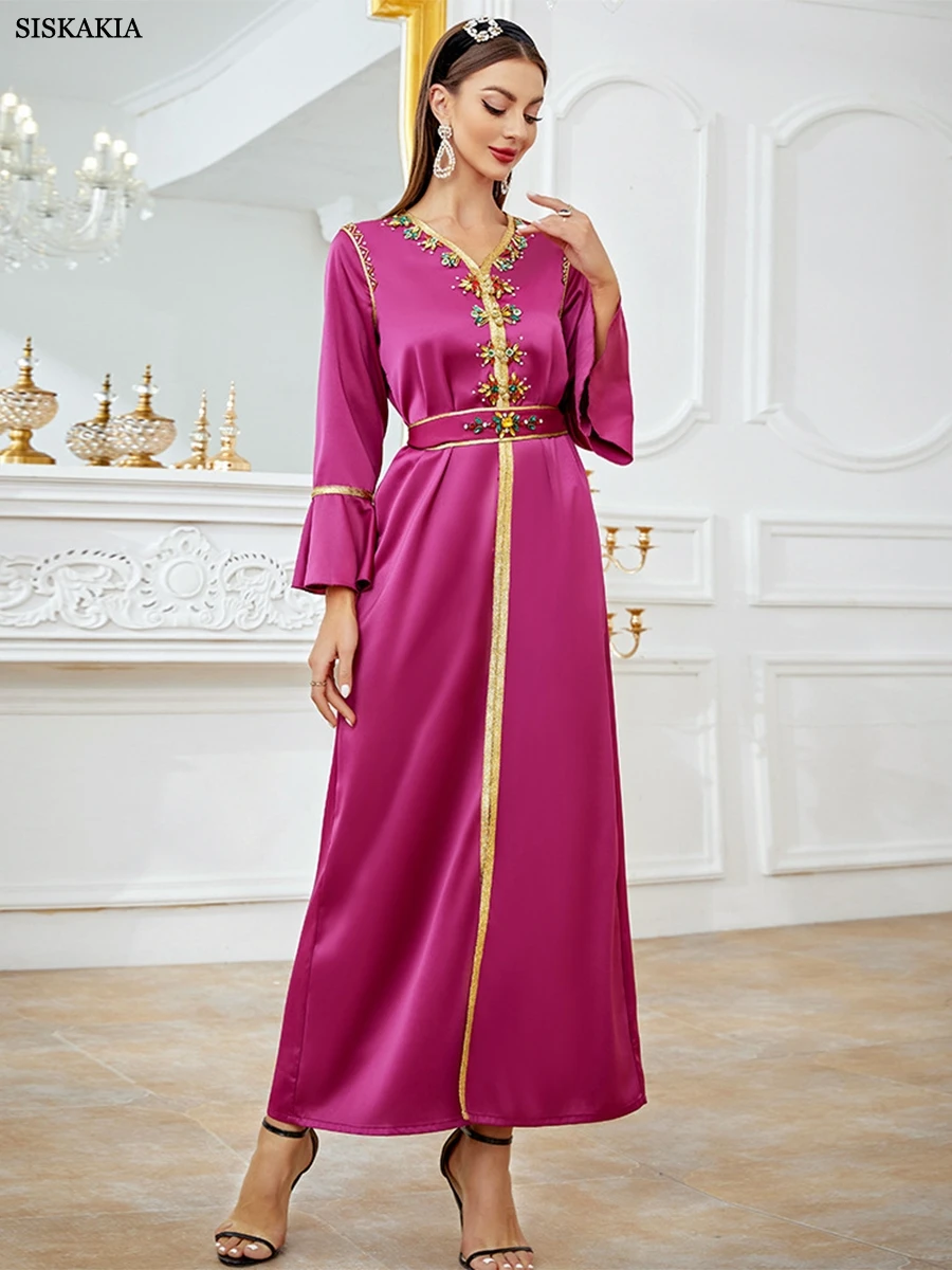 

Siskakia Moroccan Fashion Ethnic Diamonds Tape Trim V-Neck Ruffles Sleeve Belted Clothing Muslim Elegant Women Evening Dress