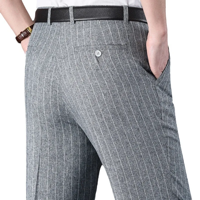Flat Stretch Suit Pants For Men Striped Thin Summer Straight High Waist Black White Blue Formal Fashion Korea Dress Trousers