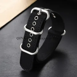 Military Nylon Watch Band with Silver Metal Ring Buckle - 18mm to 24mm Strap - 20mm (Black)