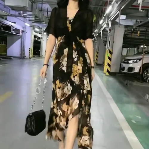우아한 불규칙 밑단 미디 슬립 드레스 세트, 반팔, 2 피스 세트, 붕대, 여성 깨진 꽃, 프린트 매칭 세트, 여름 2