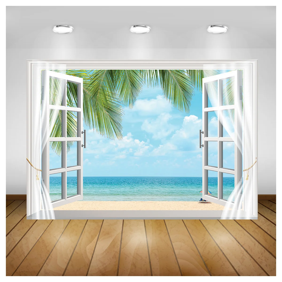 

Vinyl Custom Window Beach Coconut Tree Photography Backdrops Props Scenery Mall Indoor Decoration Photo Studio Background HH-16