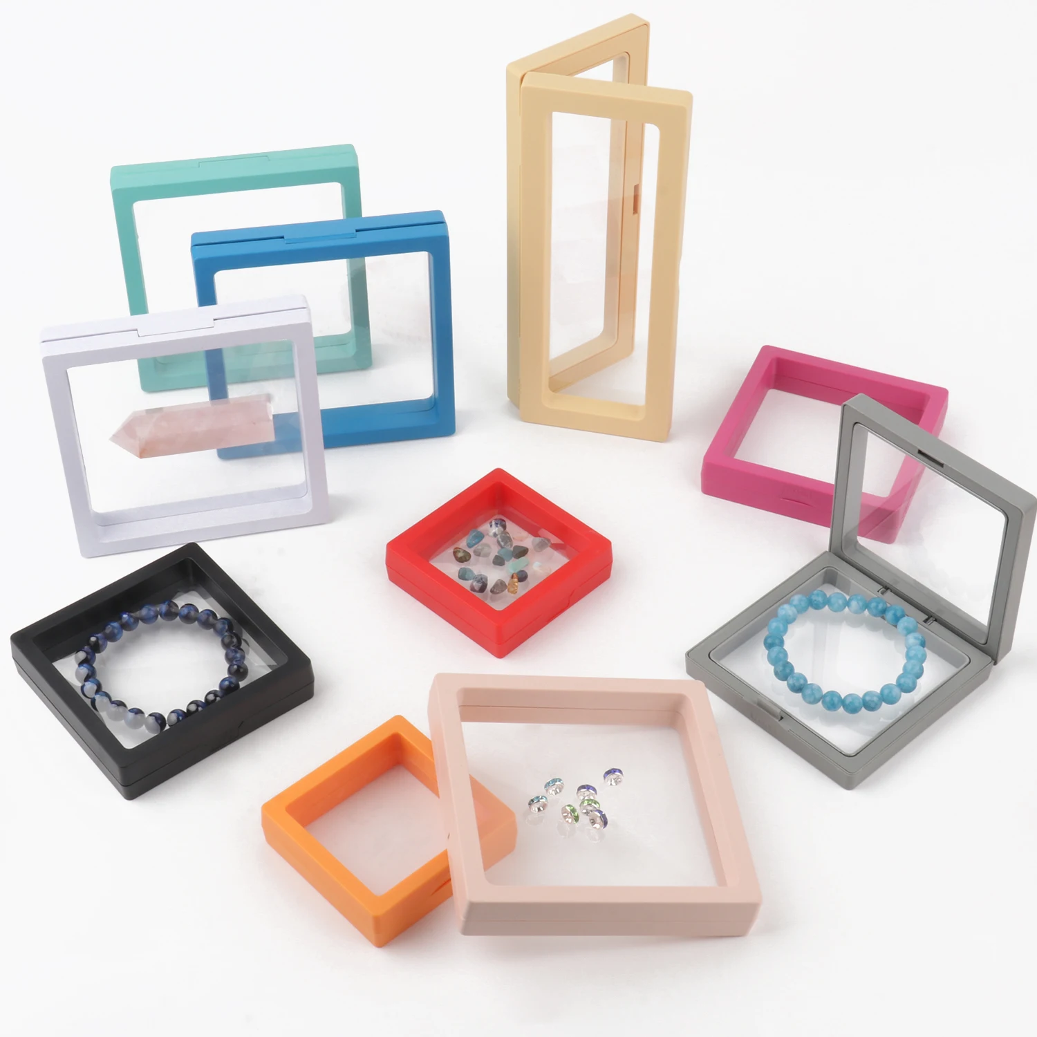 PE Film Colorful Jewelry Storage Box 3D Packaging Case Gemstone Free Stand Floating Frame Membrane Ring Earring Necklace Display