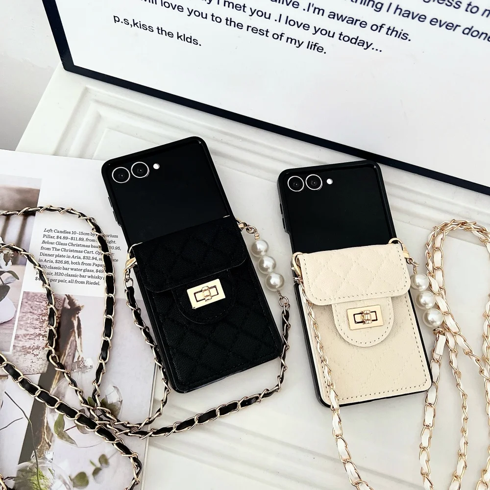 Pearl-Embellished Leather Phone Case with Shoulder Strap and Card Holder