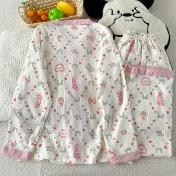 HelloKitty الحلو لطيف Harajuku نمط المرأة منامة الكرتون طباعة Kawaii موضة 2 قطعة مجموعة ملابس خاصة الخريف الشتاء ملابس منزلية جديدة 5