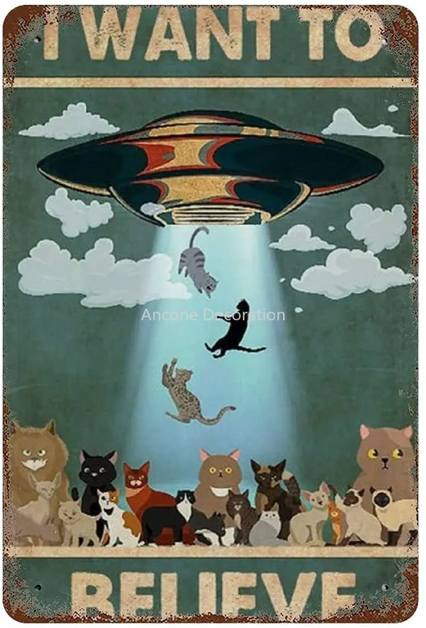

Metal Tin Retro Sign I Want to Believe in UFO Poster, Black Cat Poster,Retro Decorative Metal Tin Sign