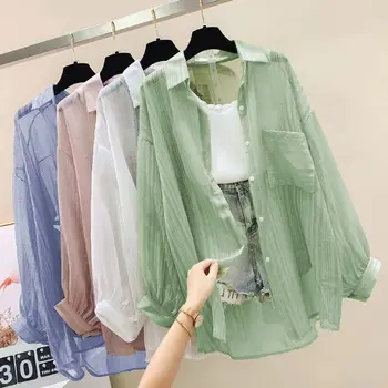Abbigliamento per protezione solare da donna, camicia in chiffon con prospettiva dal taglio sottile, top ampio coreano Harajuku, top cardigan da donna casual
