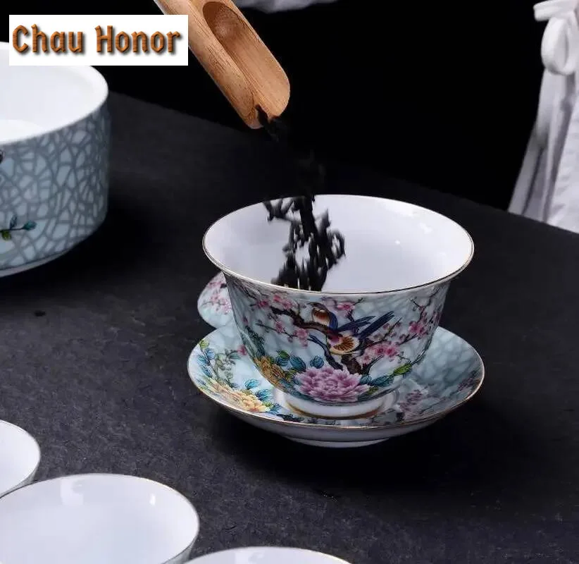 180ml Art Bird Gaiwan Ceramic Porcelain Flower Big Tea Bowl With Saucer Lid Kit Master Tea Tureen Drinkware Home Decor Crafts