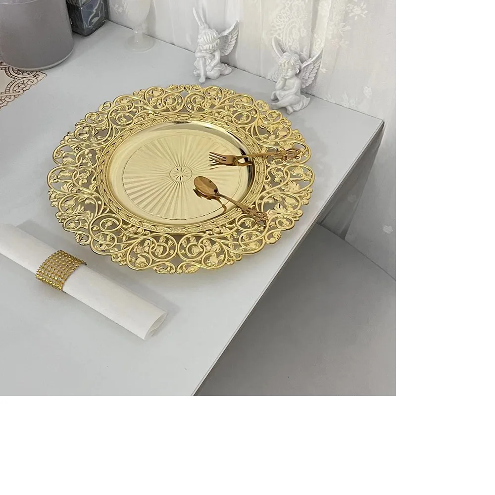 13inch Luxury Hollow Flower Tray Plastic Home Dining Plate Wedding Dessert Cake Tray Western Steak Kitchen Dish Charger 100pcs 2