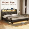 King Size Bed Frame, Storage Headboard with Charging Station and LED Lights, Upholstered Bed with Heavy Duty Wood Slats 3