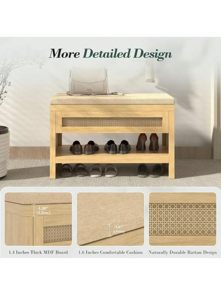 Apicizon Rattan Shoe Storage Bench Whith Cushion Thickened Wood Entryway Bench with Storage Drawer Farmhouse Shoe Rack B 4