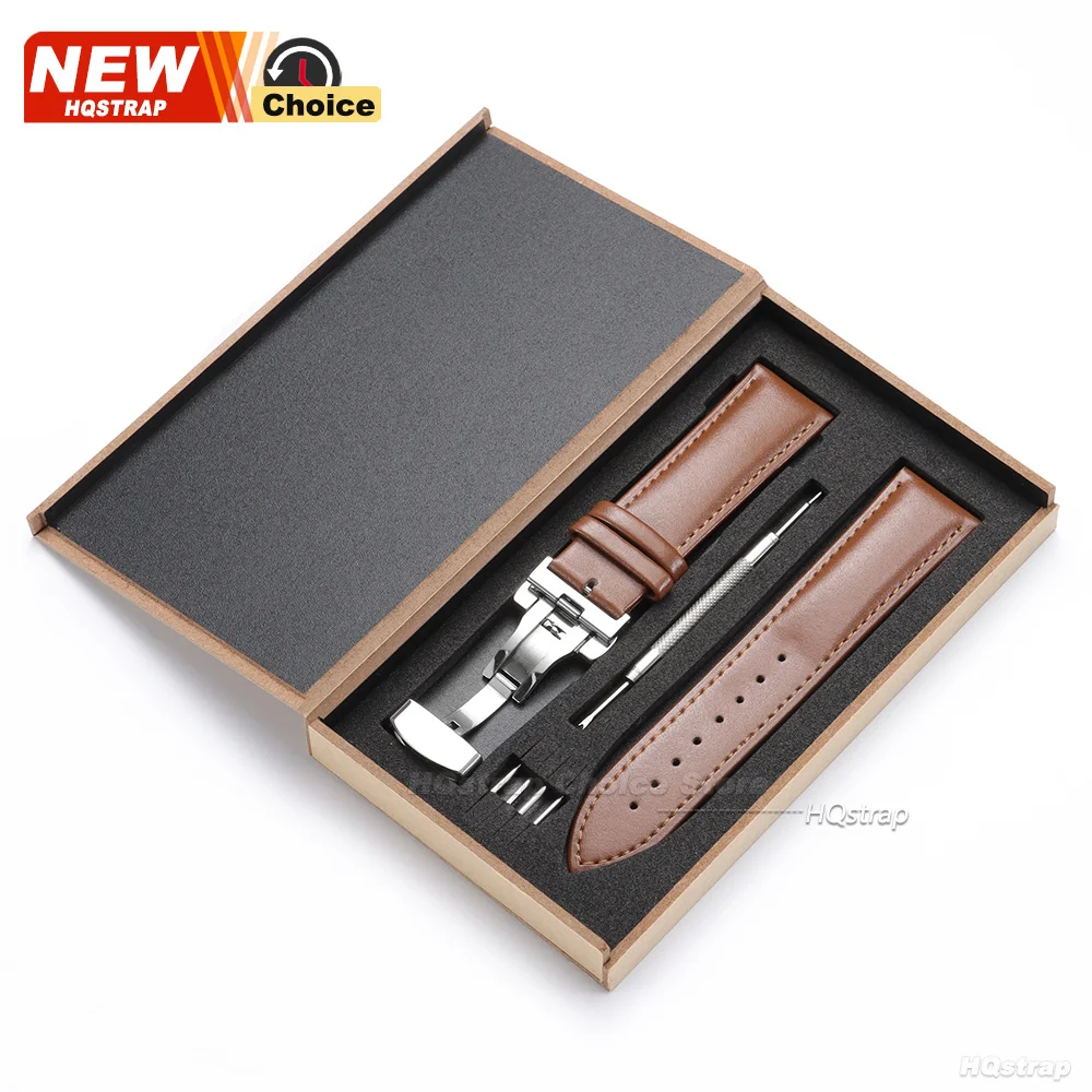 Luxurious Genuine Calfskin Leather Watch Strap with Butterfly Buckle in Elegant Wooden Box