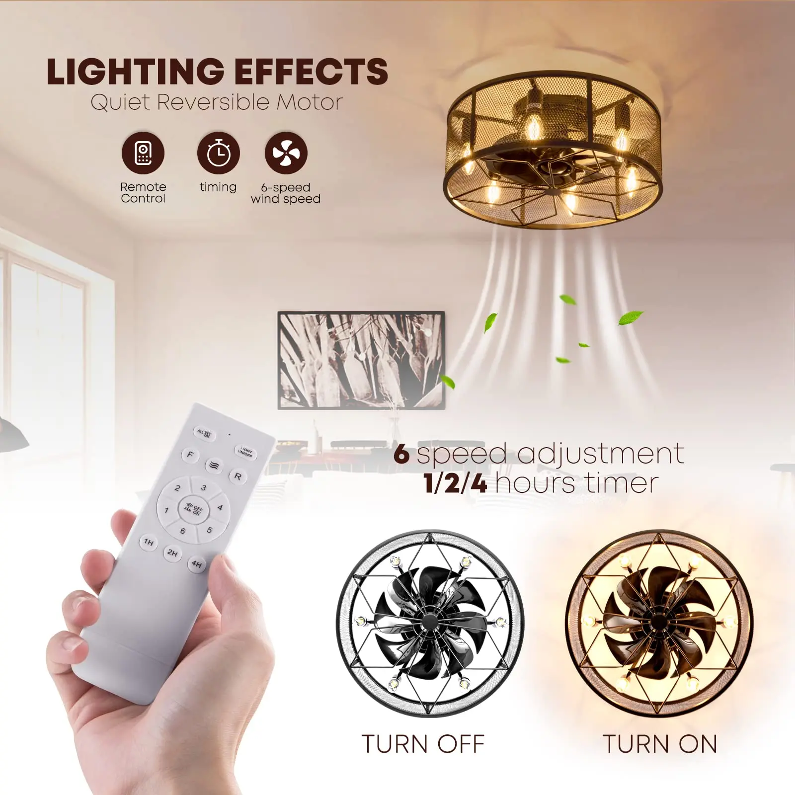 18'' Black Flush Mount Farmhouse Low Profile Small Caged Ceiling Fan with Lights Remote Control Ceiling Fan Lights Fixture