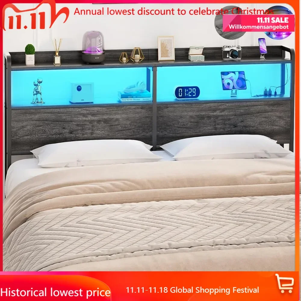 Headboard for Queen Size Bed Frame, Headboards with Outlets, USB Ports and LED Light, Head Board with Storage, Height A