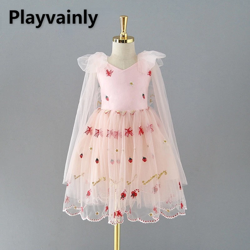 

New Summer Kids Girl Party Dress Strawberry Embroidery Mesh Princess Halterneck Dresses Children Formal Clothing H0508