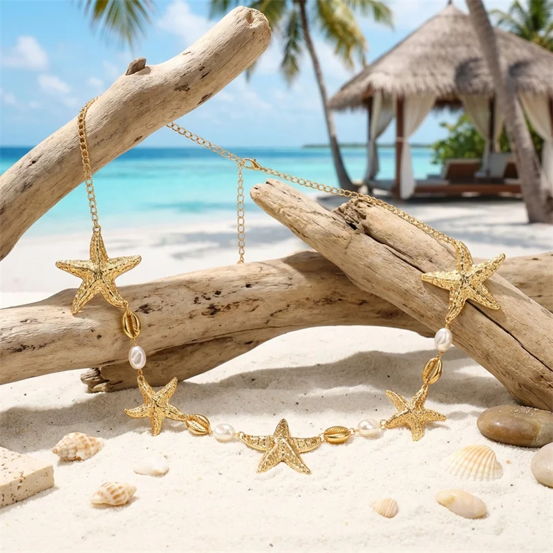 Extravagante Metall-Seestern-Taillenkette für Damen, elegante Bauchkette mit Kunstperlen, Charm-Schmuck für Sommer, Strand und Bikini – Detail 6