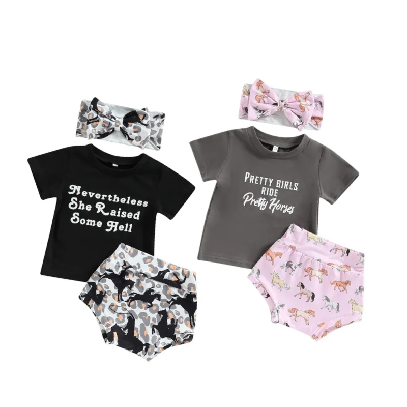 

Infant Baby Girl Clothes Summer 3Pcs Outfits Letter Print Crew Neck T-Shirts Horse Print Elastic Waist Shorts Bow Headband