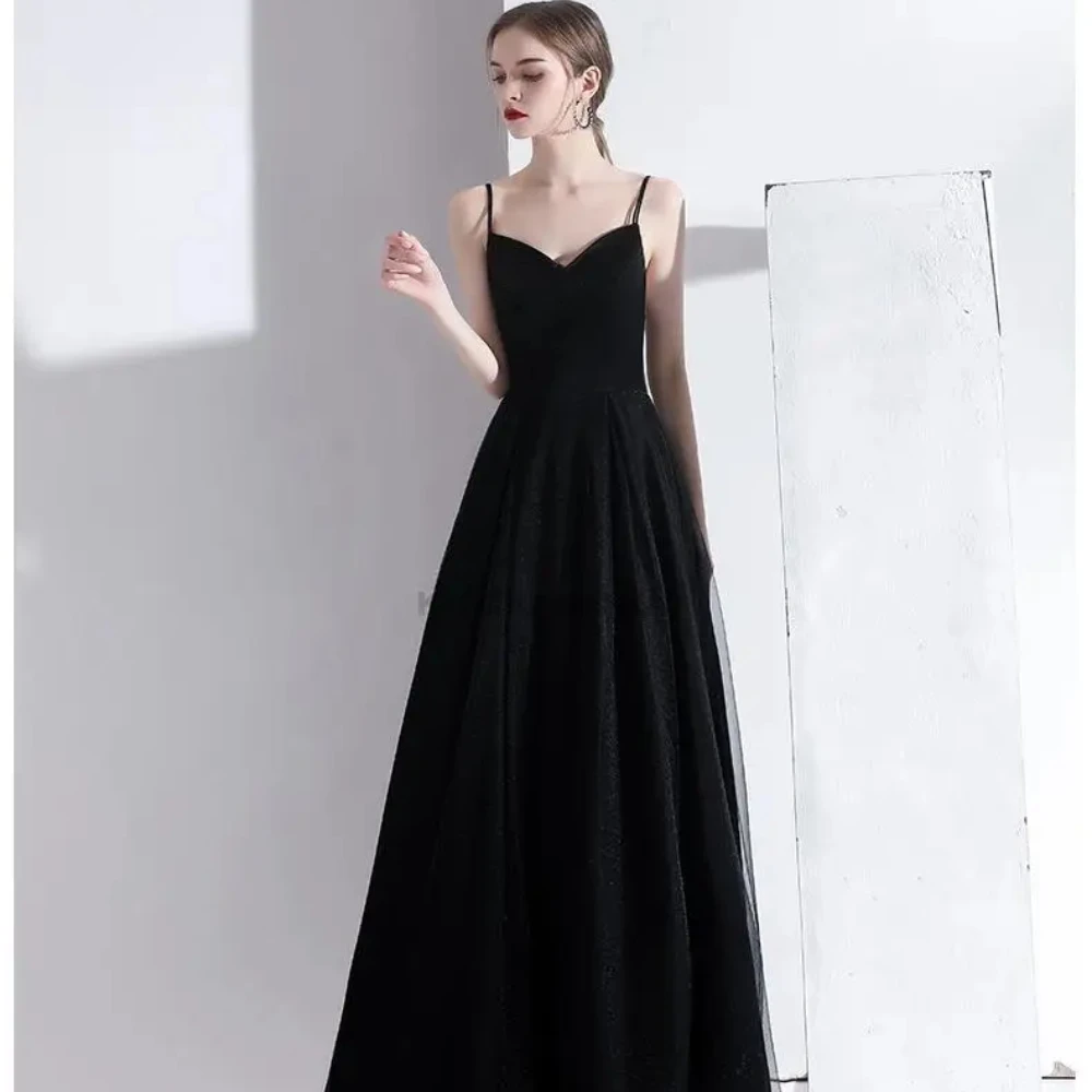 

LYLDS Black V-Neck Evening Dresses 2024 New A-Line Spaghetti Straps Party Prom Gowns Sexy Backless Satin Organza вечернее платье