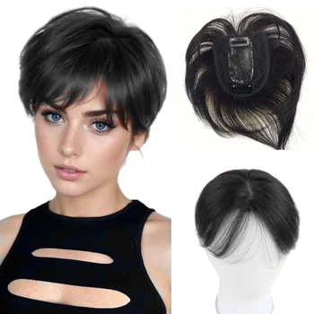 Natural Human Hair Toppers Invisible Clip-in Hair Bangs for Women  6 inch Short Hairpieces Middle Part Straight Hair