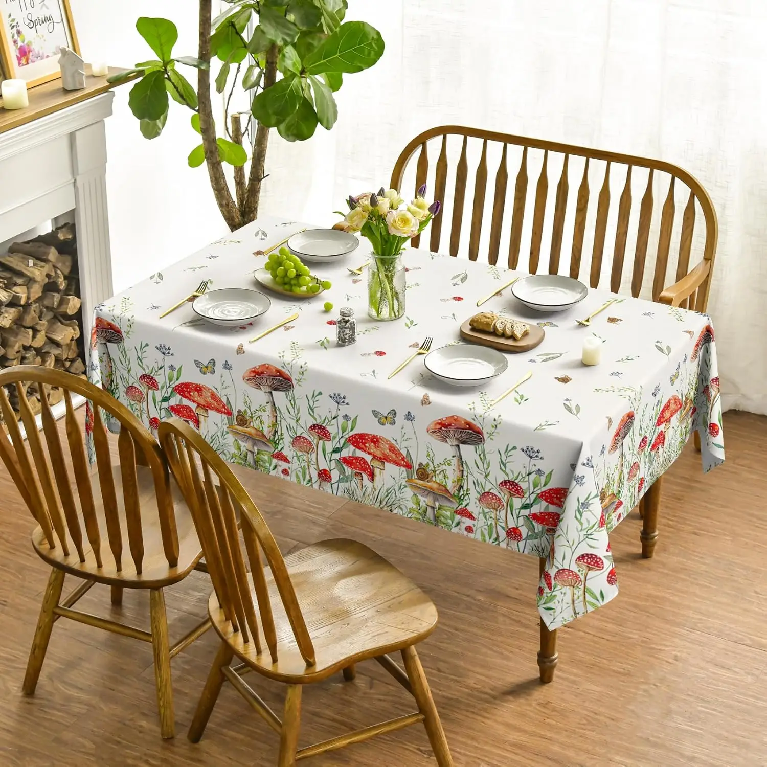 Spring Summer Mushroom Wild Flower Waterproof Tablecloth Party Decor Washable Rectangle Dining Tablecloth Wedding Decorations 2