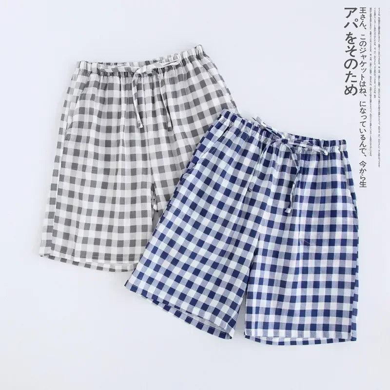 

Домашние Пижамные шорты с талией, мужские Летние марлевые брюки и простые хлопковые парные японские клетчатые повседневные стильные эластичные большие женские