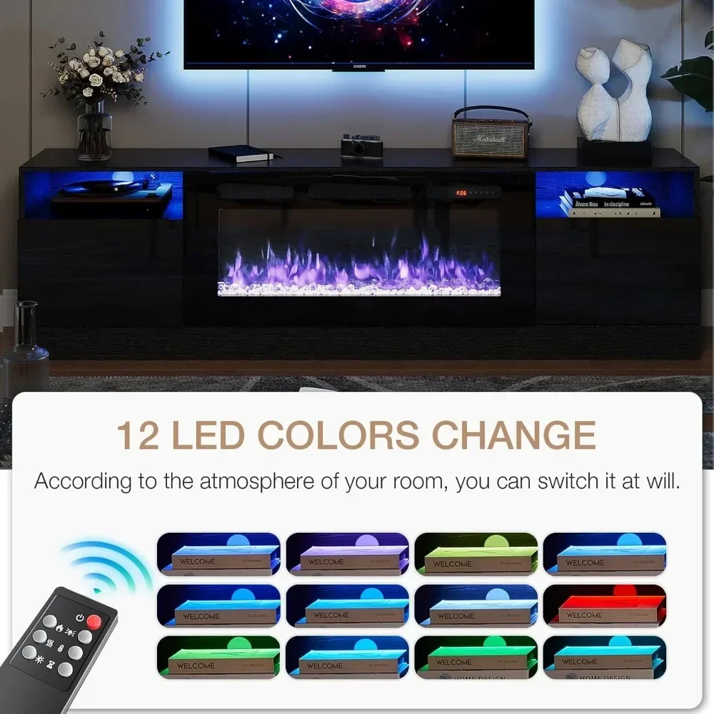 Fireplace TV Stand with 36" Electric Fireplace, LED Light Entertainment Center, Modern Wood Texture Entertainment Stand 4