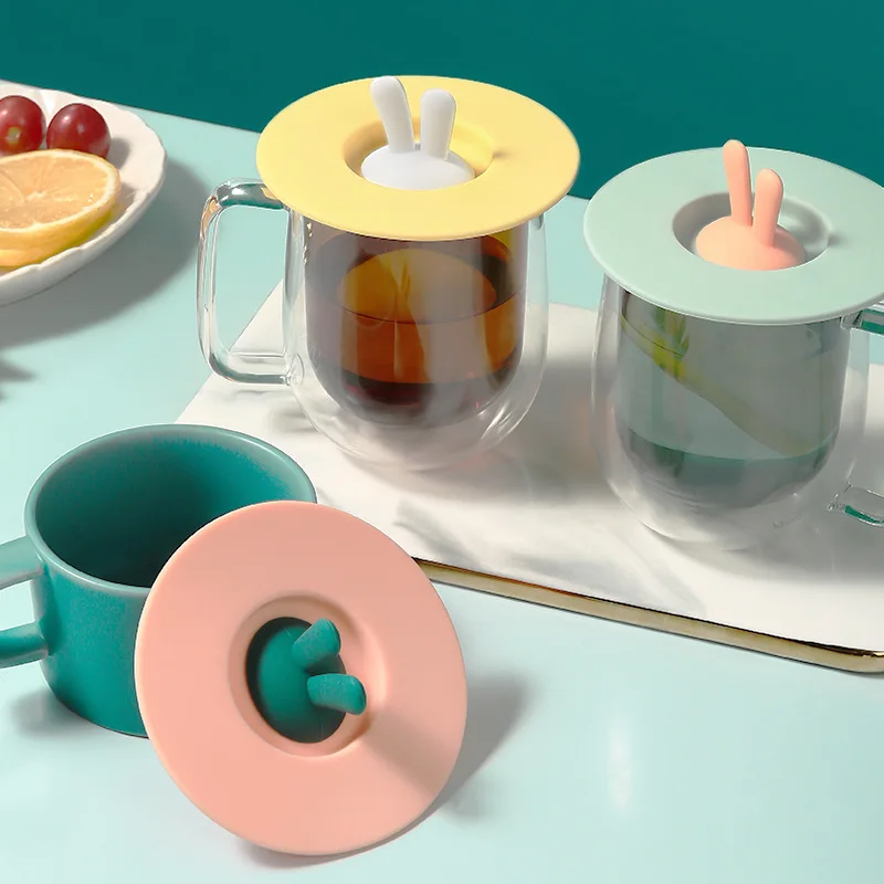 Lovely Rabbit Silicone Cup Lid Anti-Dust Bowl Cover Heat-resistant Milk Coffee Sealed Lid Cap Reusable Seal Suction Airtight Cup