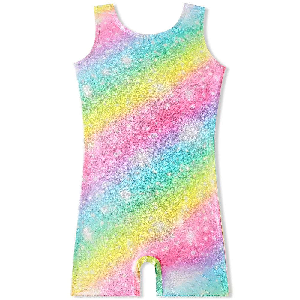 Kids Girls Art Gymnastics Leotards Tank Unitard Shiny Rainbow Bodysuit Ballet Dance Costumes Sports Jumpsuit Children Scoop Neck