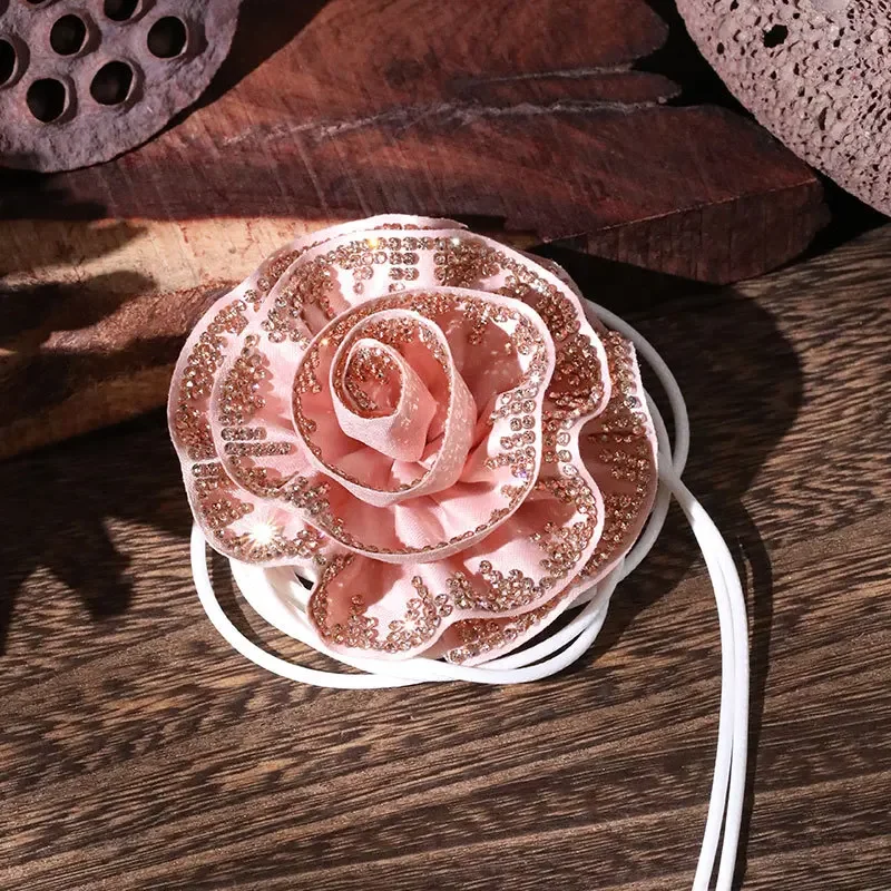 Rose Flower Women's Necklace with Rhinestone Leather Adjustable Strap Banquet Wedding Clavicle Chain For Woman Fashion Jewelry