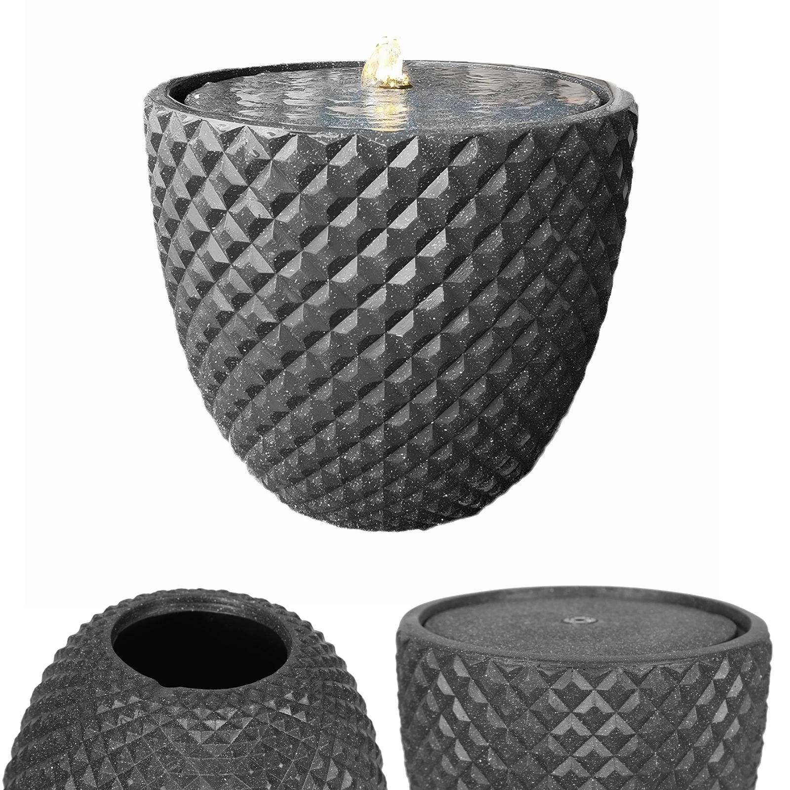 13 Inch High Solar Water Fountain Waterfall Outdoor Fountain Round Stone with LED Lights & Pump for Patio Yard and Garden Decor