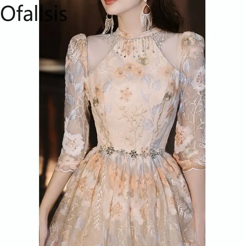 

Ofallsis Stand Neck Embroidery Annual Meeting Evening Dress Female 2024 Artistic Exam Host Banquet High End Light Luxury Dresses