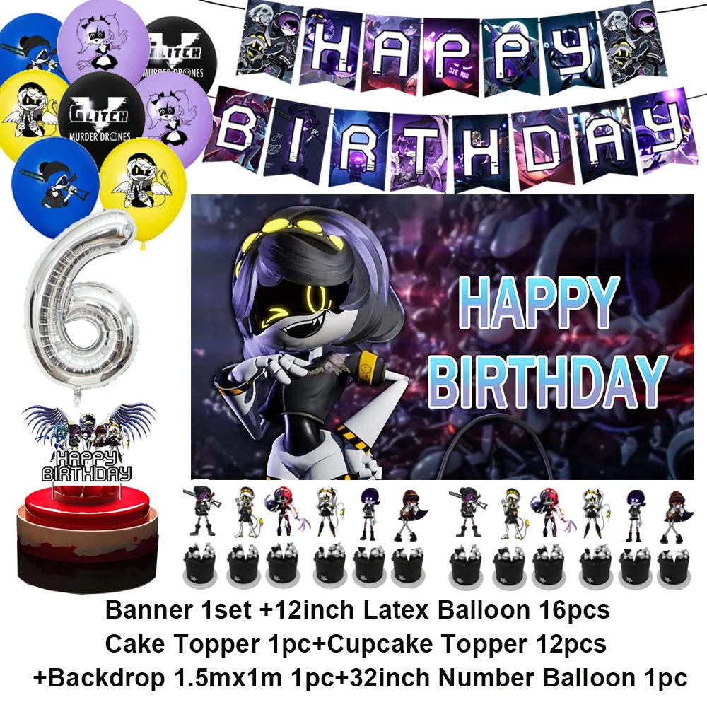Murdered Drones Themed Birthday Party Decoration Set - Background, Balloons, Banner & Cake Topper