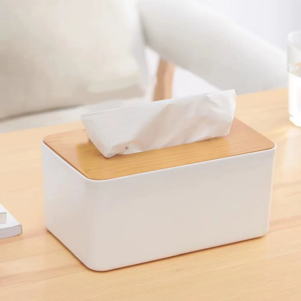 Plastic Tissue Box Wooden Lid Square Napkin Holder Container Wet Tissue Paper Dispenser Case Modern Home Car Organizer 2