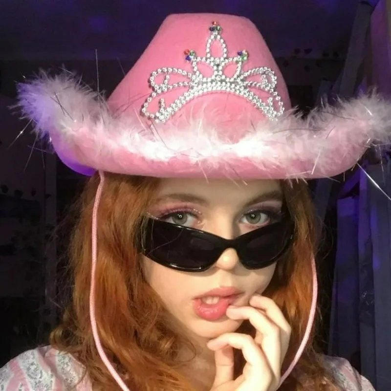 Pink Feather Western Cowboy Hat Women British Retro Jazz Caps Theme Party Halloween Carnival Hats Wide Brim Wool Felt Hat