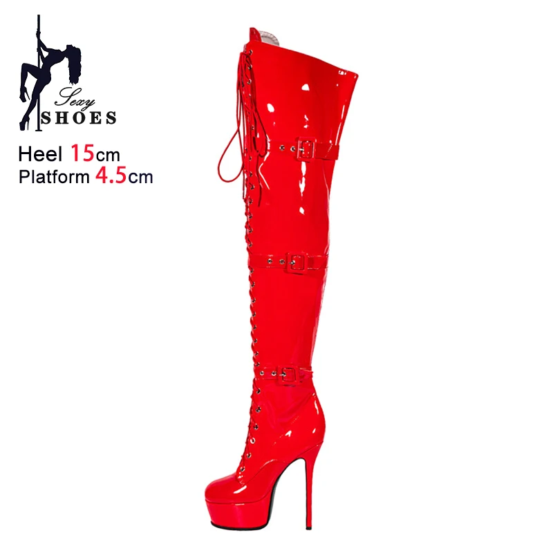 Nightclub Queen Sexy Pole Dance Boots 15CM Stiletto Heels Women Platform Large Size Shoes Club Buckle Strap OverKnee Thigh Boots