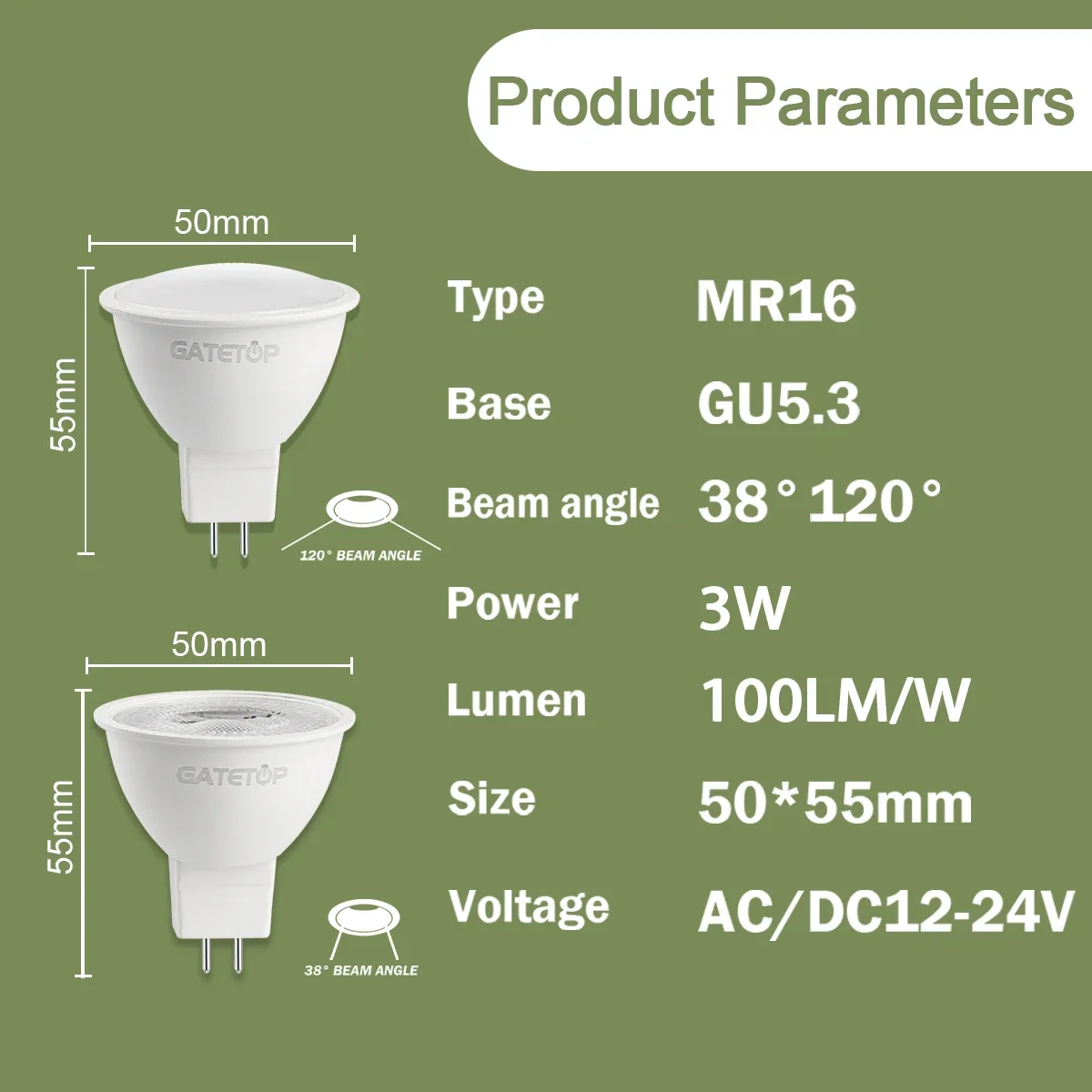 10PCS MR16 LED 스포트라이트 AC DC 12V 24V GU5.3 전구 에너지 절약 램프 3W 따뜻한 빛 교체 50w 할로겐 램프