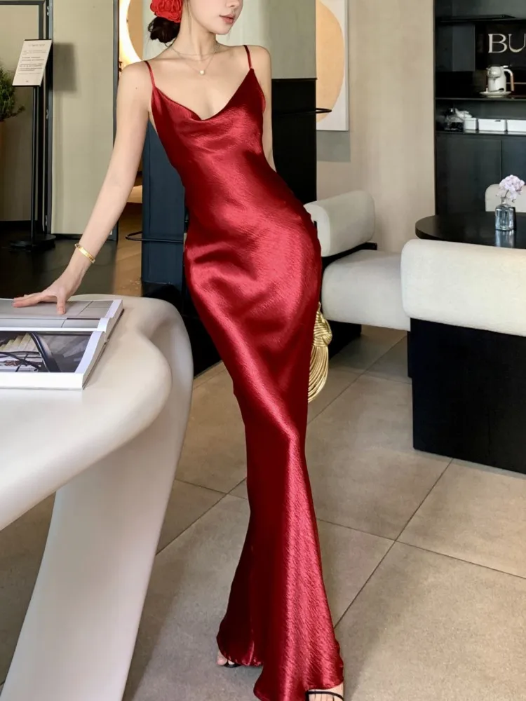 

Sexy Bodycon Long Dresses for Women Evening Party Dress Backless Slim Mermaid Solid Prom Robe Spaghetti Strap Vestidos Mujer