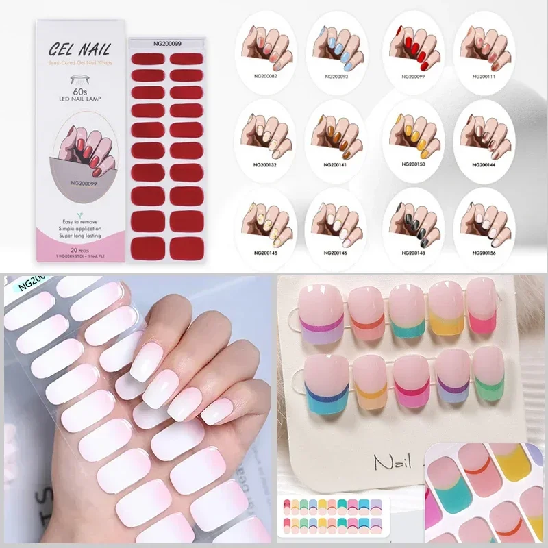 16/20Tips Semi-Cured Gel Nail Wraps Flash Solid Adhesive Waterproof Long Lasting DIY Gel Nail Stickers UV Lamp Need 2