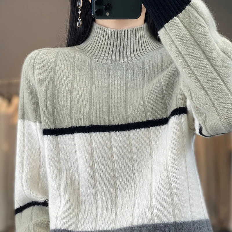 

Fall/Winter 2024 New Women's Half-high Neck Horizontal Stripe Colour-matching Knitted Pullover 100% Merino Wool Sweater Leisure