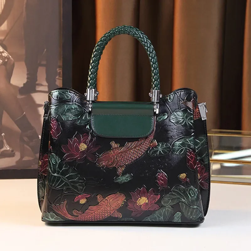 

New Fashion Real Leather Women's Handbag All-Match Retro Fish Portable Bag For Middle-Aged Mom Shoulder Messenger Bag For Women