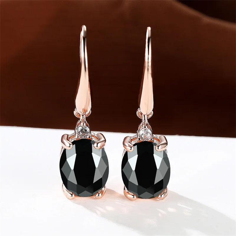 Female Crystal Green Red Oval Stone Zircon Earring Rose Gold Color Long Dangle Wedding Jewelry For Women